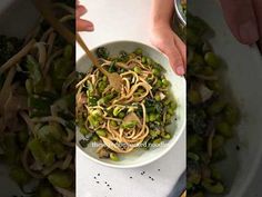 two pictures with different types of food in them and one is being spooned into the bowl