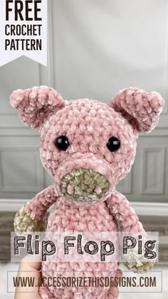 a pink crocheted pig is shown in front of a white background with the words, free crochet pattern