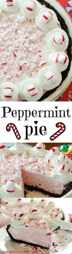 peppermint pie with white frosting and candy canes on the top is ready to be eaten