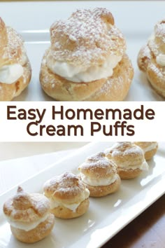 homemade cream puffs on a white plate with the words easy homemade cream puffs