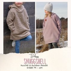 two children's sweaters and hats are shown in three different pictures, one is brown