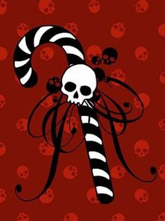 a skull and candy cane on a black background