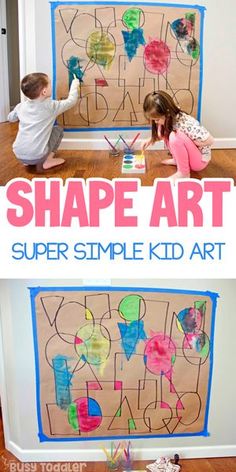 two children are playing with paper art on the floor and in front of them is a large poster that says, shape art super simple kid art