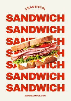 a sandwich is shown with the words sandwiches in red and white letters on it, along with