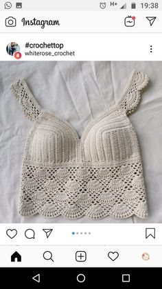 a crocheted bra top is shown on the screen, with an instagram button