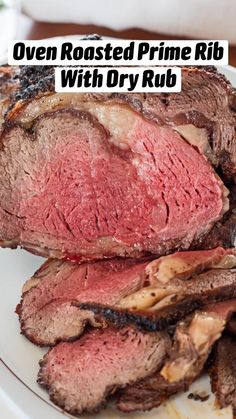 a piece of roasted prime rib on a white plate with the title overlay