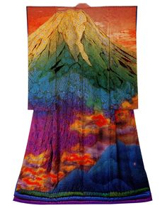 Ohn… Fuji and Burning Clouds (1991). 富士山と燃える雲（1991年）。Via Itchiku Kubota Art Museum. #kimono #Japan #fashion #rainbow Look Kimono, Furisode Kimono, Modern Kimono, Mode Kimono, Mode Costume, Kimono Design, Beautiful Kimonos, Japanese Textiles, Art Japonais