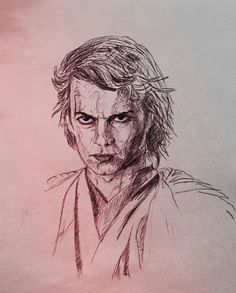 a pencil drawing of a man with long hair and an evil look on his face