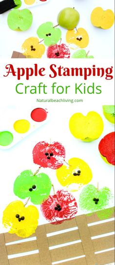 an apple stamping craft for kids with apples on it and the title overlay