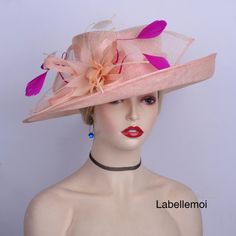 Large brim sinamay hat with one side up brim,feather flower &sinamay leaves It is made to order,the curled feather can be changed into other colors Brim width: about 13cm Head size: 57cm also with elastic to adjust it to be smaller Ideal for wedding/party/races/church It is handmade product and every hat is well inspected before shipment,no return accepted.But please do contact us if you have any problems on your order.Thanks for your supports. Wedding Wide Brim Feather Trim Fascinator, Wedding Wide Brim Fascinator With Feather Trim, Spring Wedding Mini Hat With Feather Trim, Pink Mini Hat With Feather Trim For Summer, Summer Wedding Fascinator With Feathers, Pink Ostrich Feather Fascinator For Royal Ascot, Pink Ostrich Feather Fascinator, Pink Feather Trim Hat For Summer, Fitted Pink Fascinator With Feather Trim