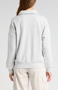 For workouts and chill-outs, this lightweight sweatshirt provides sporty good looks, a relaxed fit and handy pockets. 24" length (size Medium) Quarter-zip closure Stand collar Long sleeves Dropped shoulders Side-seam pockets 81% polyester, 14% rayon, 5% spandex Machine wash, tumble dry Imported Athleisure Cotton Sweatshirt With Raglan Sleeves, Cotton Athleisure Sweatshirt With Raglan Sleeves, Gray Crew Neck Tops For Athleisure, Sporty Sweatshirt With Raglan Sleeve And Ribbed Cuffs, Sporty Cotton Sweatshirt With Raglan Sleeves, Athletic Heather Long Sleeve Fleece Top, Gray Fleece Athleisure Top, Athleisure Gray Fleece Top, Gray Fleece Top For Athleisure