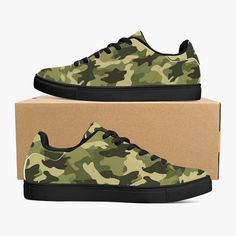 Sage Green Camo Vegan Leather Shoes Custom Fade-resistant Leather Sneakers For Streetwear, Camouflage Round Toe Sneakers For Streetwear, Urban Leather Sneakers Fade-resistant, Camouflage Leather Sneakers With Round Toe, Leather Camouflage Sneakers With Round Toe, Low-top Camouflage Sneakers With Rubber Sole, Camouflage Leather Sneakers For Streetwear, Leather Camouflage Sneakers For Streetwear, Casual Leather Camouflage Sneakers