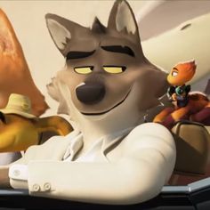 an animated character is riding in a car with two other characters behind him and one dog on the passenger seat