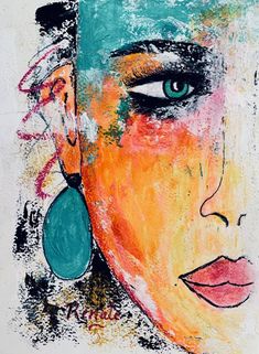 an abstract painting of a woman's face with blue earrings on her ear and green eyes