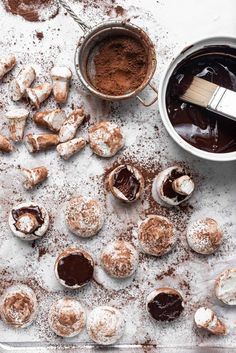 a pan filled with powdered sugar and chocolate