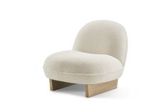 an upholstered chair with a wooden base and foot rest in the shape of a shell