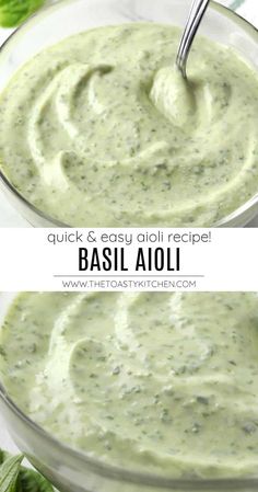 two bowls filled with basil sauce and the words quick & easy oil recipe above them