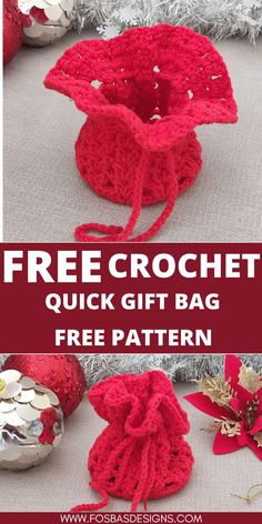 free crochet quick gift bag pattern with text overlay that says, free crochet quick gift bag