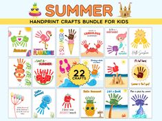 the summer handprint crafts bundle for kids includes 22 cards and two envelopes to make them