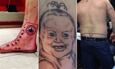 three different pictures of people with tattoos on their legs and one has a baby in the middle