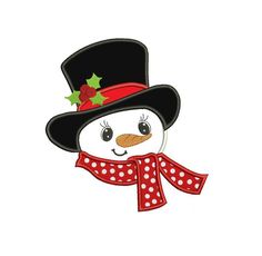 a snowman wearing a black hat and red polka dot scarf with holly on it