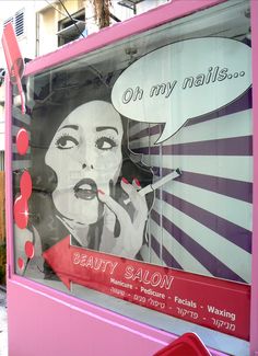 nail salon window display. a little retro but eye catching Makeup Window Display, Nail Salon Window Display Ideas, Nail Salon Window Display, Salon Window Display Ideas, Retro Beauty Salon, Floating Tube