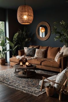 a living room filled with lots of furniture and plants on top of a wooden floor