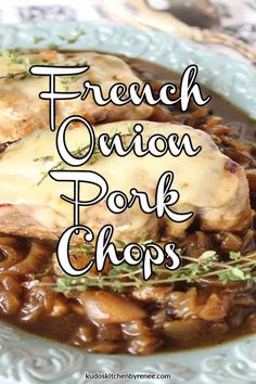 french onion pork chops with gravy in a blue bowl