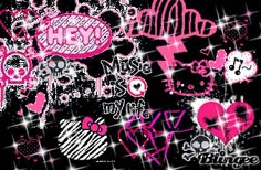 pink and black wallpaper with lots of hearts