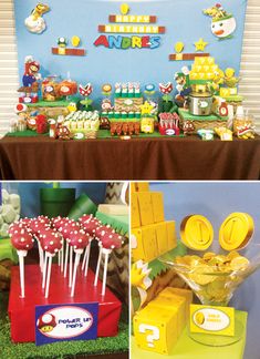 there are many pictures of different foods on the table and in front of them is an image of mario's birthday party