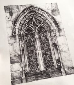 a drawing of an old church window with stained glass in the front and side windows