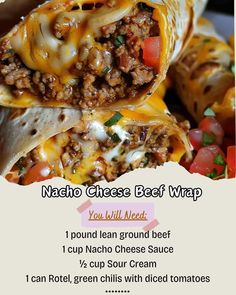 a menu for nacho cheese beef wrap is shown in this advertisement