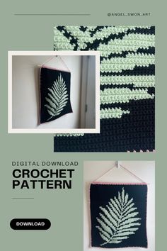 the crochet pattern is shown in black and white, with a fern leaf on it