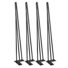 four black metal poles are shown in three different positions, one is tall and the other is short