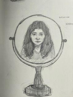 a drawing of a woman's face in a mirror with the reflection of her