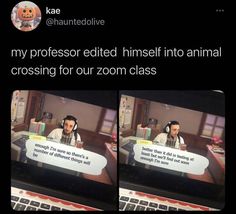 two people sitting in front of a laptop computer with the caption'my professor edited himself into animal crossing for our zoom class '