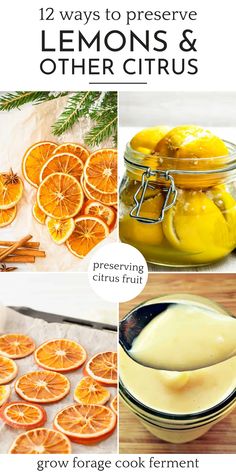 lemons and other citrus fruit are shown in this collage with the title, 12 ways to preserve lemons & other citrus fruits