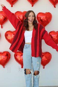 The best oversized red cardigain! Has the perfect red contrast and is soo warm and cozy! Red Oversized Cardigan, Oversized Cardigan, Striped Knit, Ruby Red, Warm And Cozy, Fashion Beauty