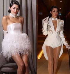 two models in white outfits and one is wearing a feathered suit with high heels