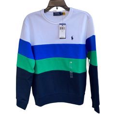 Sweatshirt/ Long Sleeve T-Shirt ~Recent Tag ~Colorblock With Cool Color Combination ~ Iconic Ralph Lauren Logo ~Msrp $138 Please See All The Pictures For Details And Measurements. Stored In A Pet And Smoke Free Place. White Casual Sweater With Contrast Color, Blue Long Sleeve Tops With Contrast Color, Blue Crew Neck T-shirt With Patchwork, Blue Crew Neck Patchwork T-shirt, Green Crew Neck Sweater With Color Matching, Blue Patchwork Crew Neck Top, White Patchwork Crew Neck Sweatshirt, Navy Long Sleeve Color Block Top, Green Crew Neck Sweater With Contrast Color