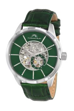 Cassius men's 45 mm automatic skeleton watch with stainless steel case and genuine leather band Gerald Genta, Green Watch, Green And Silver, Automatic Watches For Men, Leather Strap Watch, Leather Watch Bands, Skeleton Watch, Automatic Watch, Leather Band