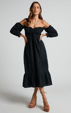 Nikka Midi Dress - Shirred Off Shoulder Puff Sleeve Dress in Black | Showpo USA Off Shoulder Puff Sleeve Dress, Off Shoulder Puff Sleeve, Shoulder Puff Sleeve, Weekend Activities, Woman Looking, Puff Sleeve Dress, Summer Party Dress, Black Midi, Puffed Sleeves Dress