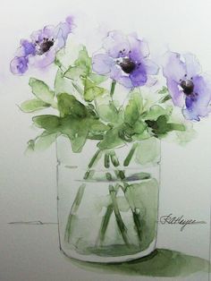 a watercolor painting of purple flowers in a glass jar with green leaves and stems