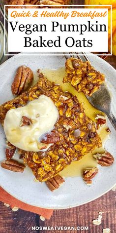 a white plate topped with granola and pumpkin baked oats