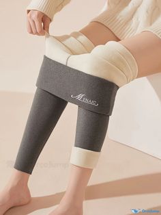 Orcajump - Letter Print Fleece Skinny Leggings, Casual High Waist Thermal Leggings For Fall & Winter, Women's Clothing Cozy Fit Leggings For Loungewear, Cozy Leggings For Loungewear, Winter Full Length Elastic Leggings, Cozy Loungewear Leggings, Footless Elastic Leggings For Winter, Elastic Footless Leggings For Winter, Snug Winter Leggings For Loungewear, Cozy Winter Leggings For Loungewear, Snug Winter Loungewear Leggings