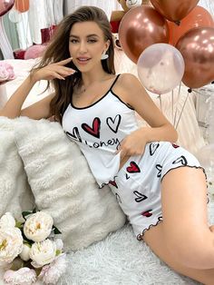 Cute Sleeveless Sleepwear For Loungewear, Cute Camisole Tank Top For Loungewear, Cute Sleeveless Bedtime Set, Cute Sleeveless Sleep Tops, White Sleeveless Loungewear Sets, Cotton Sleeveless Camisole For Pajama Party, White Sleeveless Camisole For Pajama Party, White Sleeveless Camisole For Sleepwear, Cute Sleeveless Loungewear Sets