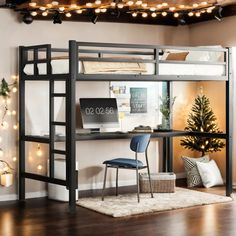 a loft bed with desk underneath and christmas lights on the ceiling