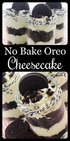 no bake oreo cheesecake dessert in a jar with cookies and cream on top