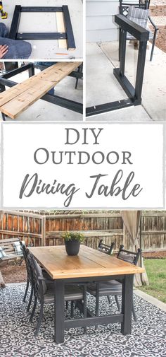 an outdoor dining table made out of pallet wood and metal with text overlay that says diy outdoor dining table