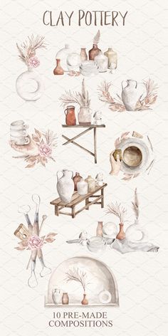 the cover of clay pottery is shown in watercolor